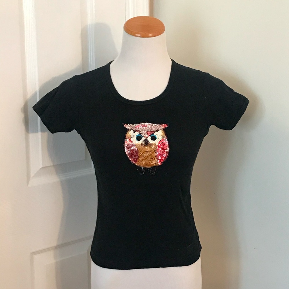 Anna Sui black small Vintage tshirt with sequin owl embellishment on front